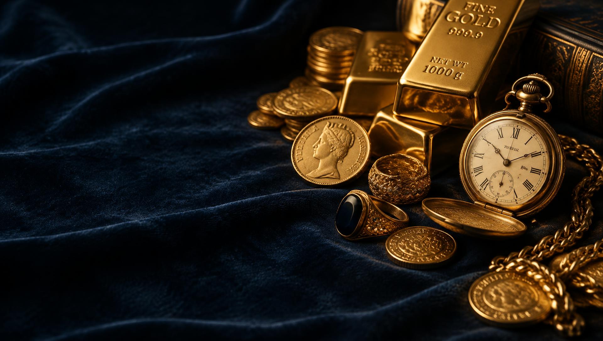 Goldmünzen, Goldbarren, Schmuck und eine antike Taschenuhr auf dunkelblauem Samt